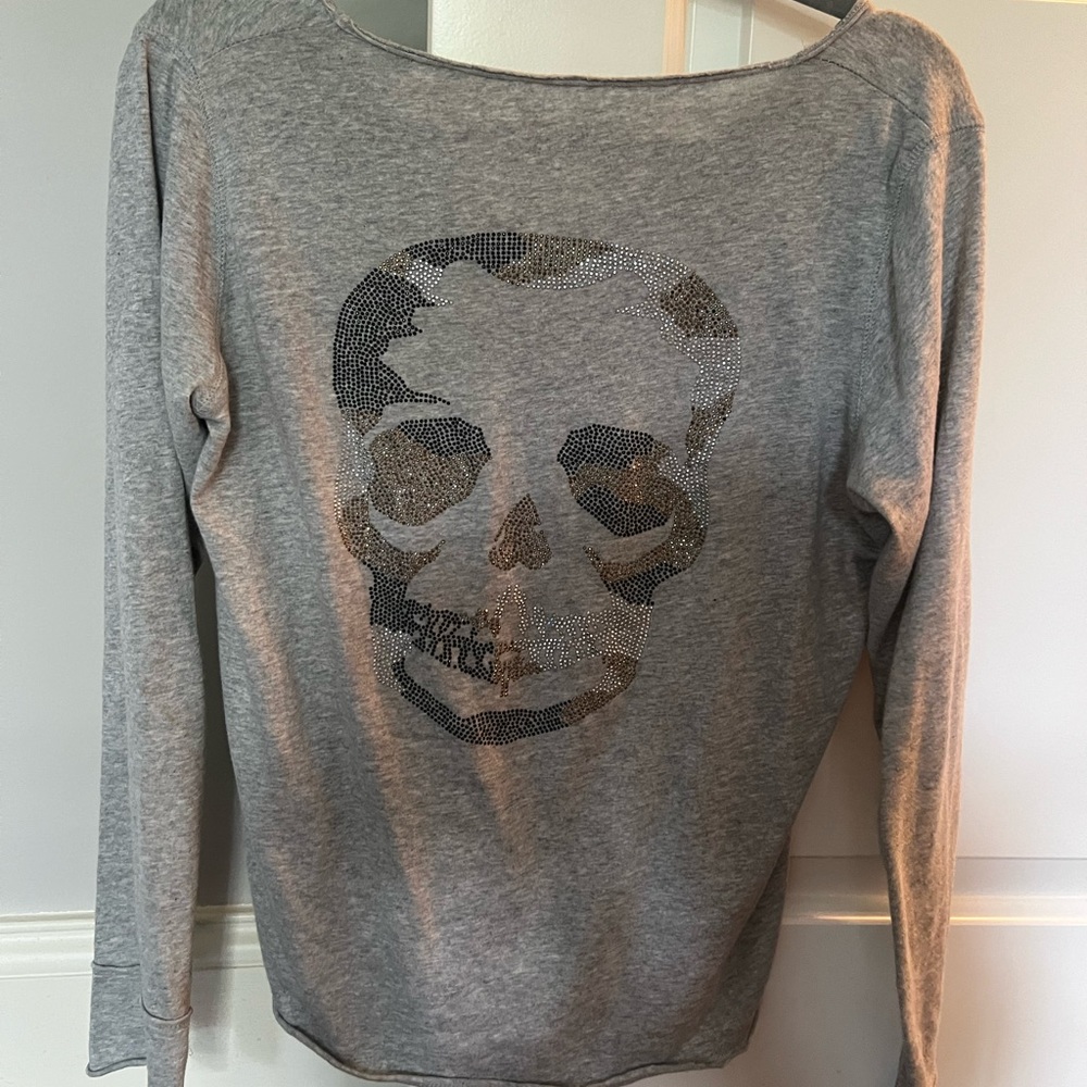 Zadig and Voltaire grey long sleeve with rhinestone skull on back. Size small